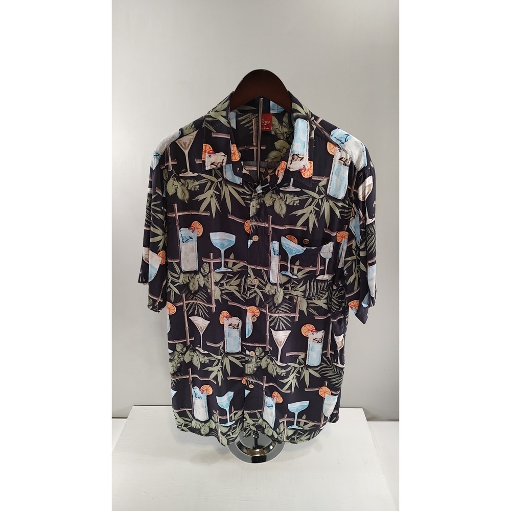 Junction West Mens Hawaiian Short Sleeve Shirt Dark Blue Drink Motif Resort L